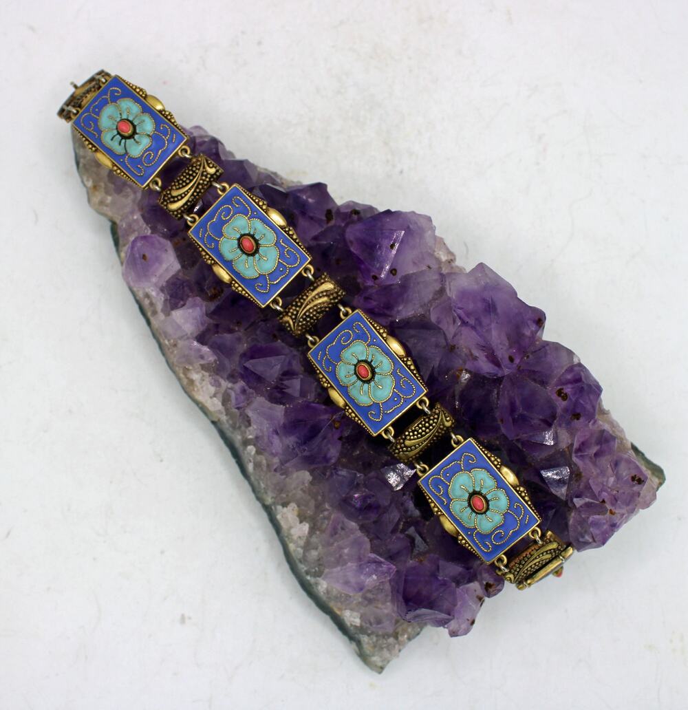 Vintage Germany Gold Tone Blue Enamel Cloisonné Floral Bracelet